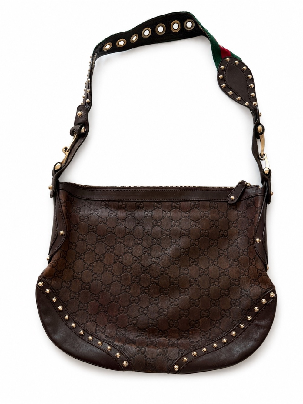 Gucci Brown GG Monogram Studded Hobo Bag with Green-Red Strap Accent